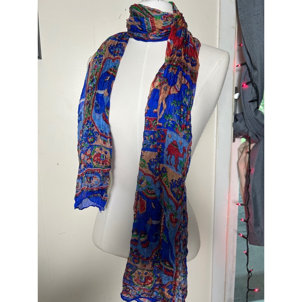 Vintage Indian 100% Silk Scarf Blue Sheer Elegant Print Boho Festival Wrap - Picture 2 of 8